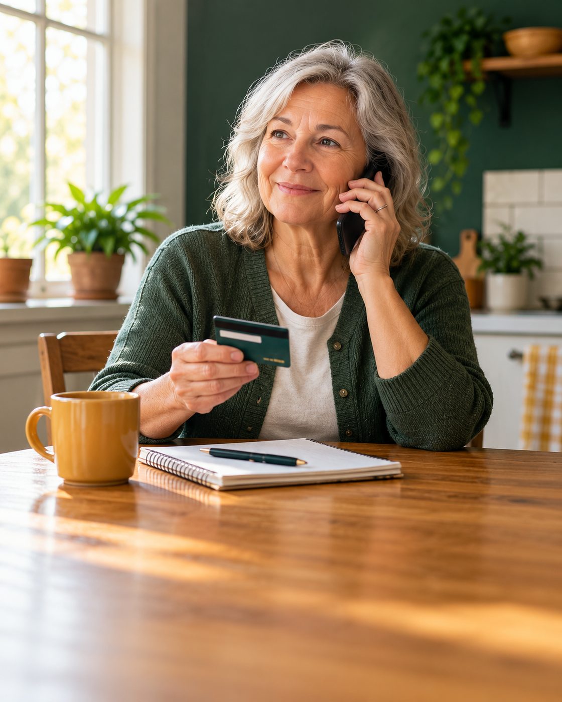 A woman at her kitchen table on the phone, holding her debit card